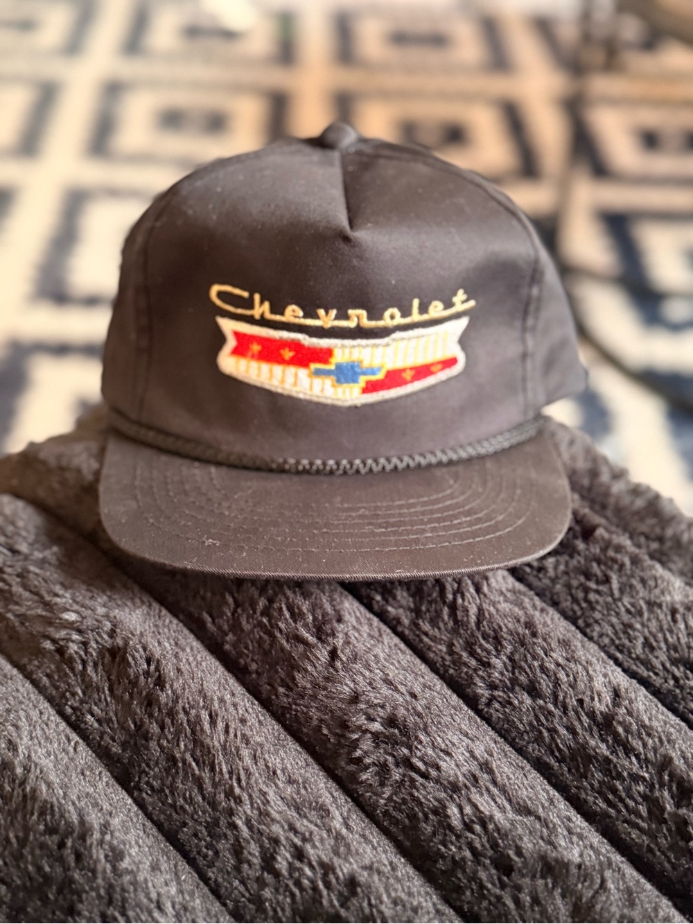 Black Embroidered Rope-Trim Snapback Hat - Picture 2 of 5